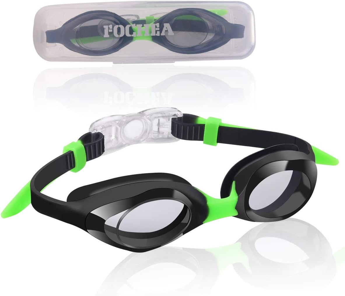 Amazon Com Fochea Swim Goggles Anti Fog Leak Proof Kids Swimming Goggles Comfortable Nose Piece Wide View Swim Glasses With Portable Case For Kids Black Green Sports Outdoors