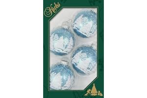 Glass Christmas Tree Ornaments - 67mm/2.63" [4 Pieces] Decorated Balls from Christmas by Krebs Seamless Hanging Holiday Decor (Light Blue Sparkle with Trees)