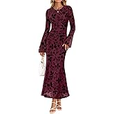 ZESICA Women's Long Sleeve Floral Bodycon Dress 2026 Spring Fall Ruched Mesh Wedding Guest Cocktail Party Maxi Dresses