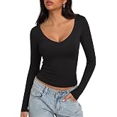 REORIA Women's Long Sleeve Shirts Deep V Neck Going Out Fall Fitted Tops | Soft Layering Doubel Lined Casual Y2k Basic Undershirt 2026 Casual Autumn Fashion Tight Sexy Low Cut Slim Fit T-Shirts