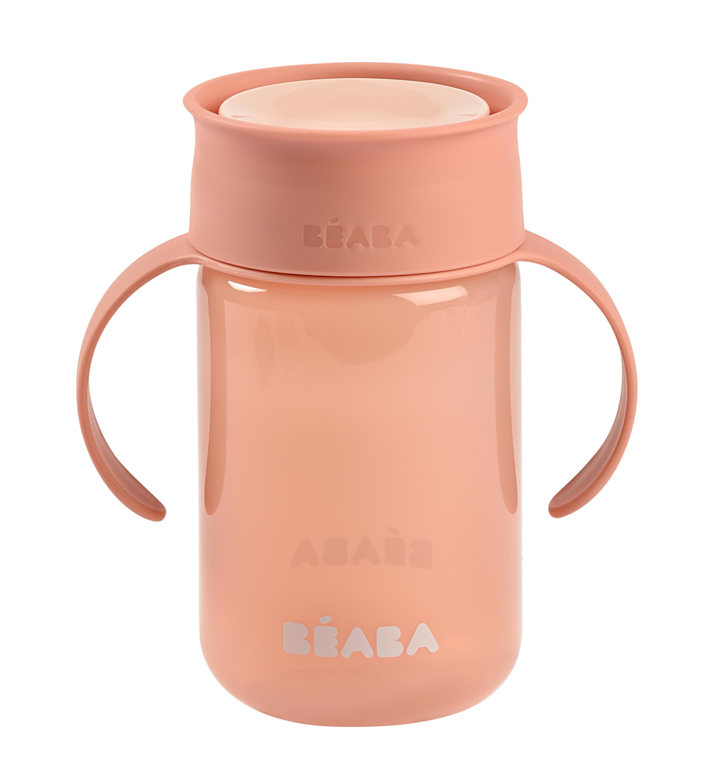 BEABA, 360° Training Cup with Anti-Drip Disc, Patented Anti-Leak System, from 12 Months, Removable Handles, with Hygienic Lid, Strong and Light, 340 ml, Pink