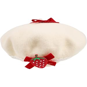 Beaupretty Cream Strawberry Bow Beret Hat for Women, French Vintage Style Polyester Beret with Decorative Bowknot Accents, Wa