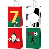 12Pcs Soccer Paper Treat Bags Red and Green Soccer Star Goodie Bags Football Party Favors Snack Gift Bag with Handles for Sports Party Birthday Favors Decorations Game Celebration Supplies