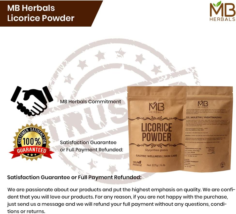 MB Herbals Licorice Root Powder 227g | Half Pound | 100% Pure Glycyrrhiza glabra | Mulethi | Yashtimadhu | Respiratory Health | Sore Throat | Natural Skin Brightener (When Used in a Face Pack): Health & Personal Care