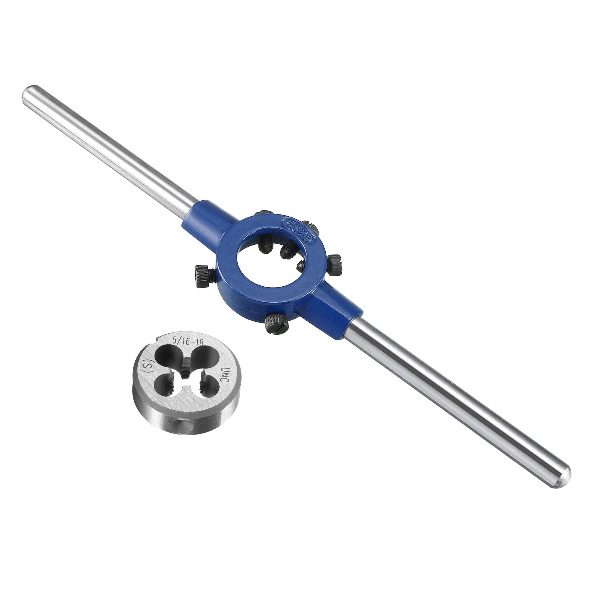 sourcing map Round Die Stock Handle Wrench Set, 5/16-18 UNC Threading Die and 25mm Die Holder (Fits: 16mm-25mm OD Die / M7-M8 Thread Die) Adjustable for Bolt Thread Repair
