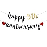 QFiesy Happy 5th Anniversary Banner, 5th Wedding Anniversary & Birthday Party Bunting Decoration (Black & Gold, 118 inches x 18 inches, Pre-Strung)