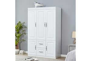 TrendTerrace 3 Door Armoire Wardrobe Closet, 2 Drawers Wooden White Closet Wardrobe Cabinet for Large Capacity with Hanging Rod and Metal Handles for Tall Cabinet Closet 47.3" L x 20.3" W x 74.2" H