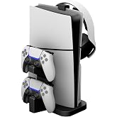 NBCP PS5 Slim Vertical Stand with Dual Controller Charger and LED Indicators for PlayStation 5 Slim Disc &amp; Digital Editions, Includes Headset Holder, Storage Accessory Stand for PS5 Slim, Black
