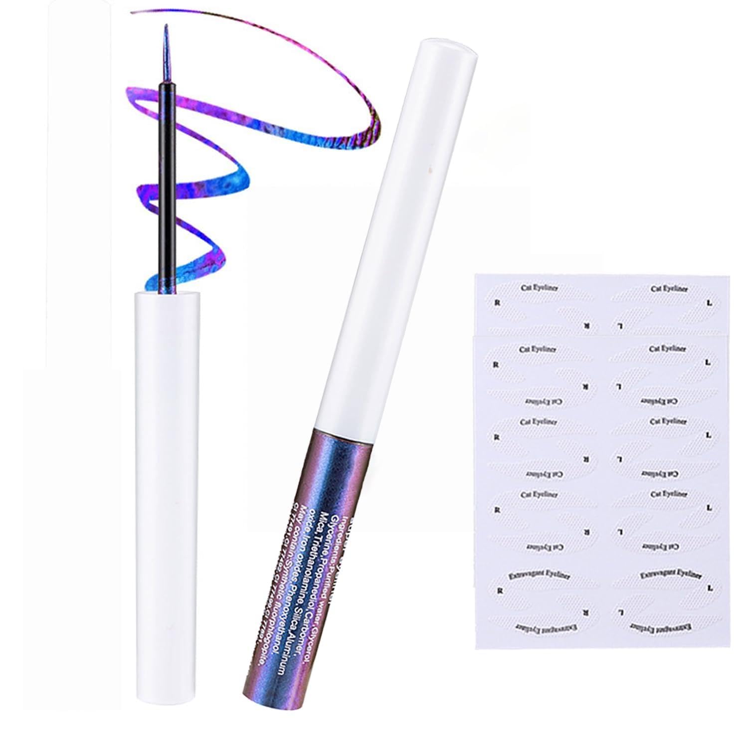 Chameleon Purple Blue Glitter Liquid Eyeliner, Long-lasting Waterproof Multi-Dimensional Shimmering Effect, 2 Eyeliner Sticker, Sparkling Metallic Satin Eye Liner Pencil for Party & Stage Cosplay