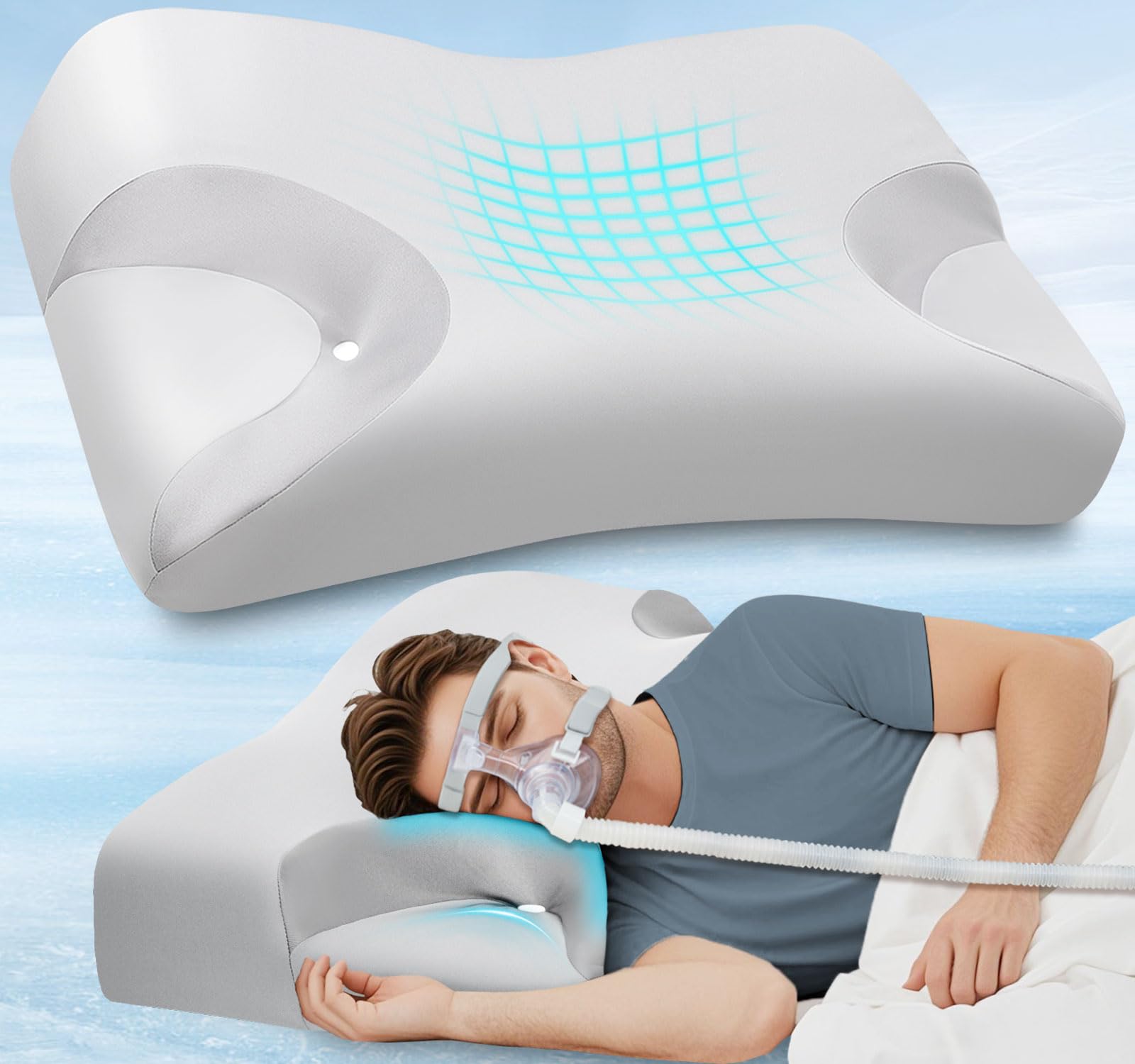 Photo 1 of CPAP Pillow for Side Sleepers for Neck Shoulder Pain Relief with Cooling Pillowcase - Memory Foam Neck Support Pillow for Side, Back & Stomach Sleeping - Reduce Air Leak/Mask Pressure for Better Sleep