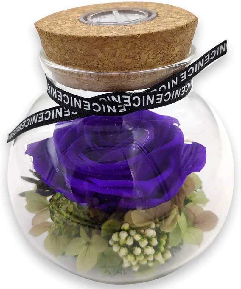 Preserved Handmade Real Rose,Forever Immortal Flowers Never Withered Roses Desktop Home Decor Enchanted for Female, Gift for Weddding, Proposal,Birthday,Valentine's Day (Purple Rose in Glass Round)