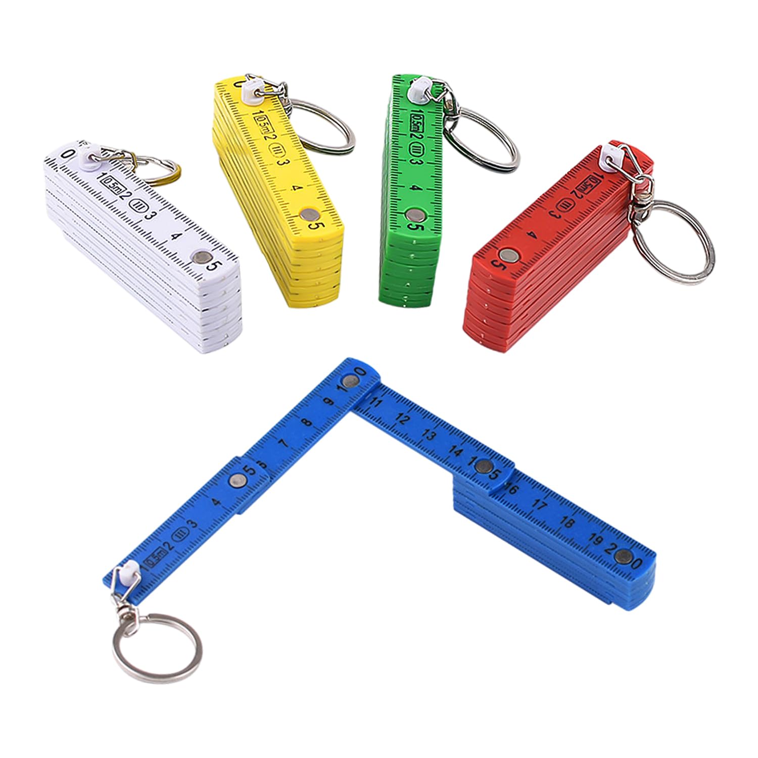 Pack of 5 50 cm mini folding ruler with key ring, plastic material, precise scale, 10 ports, portable and adjustable, suitable for daily measurements and work measurements (5 colours)
