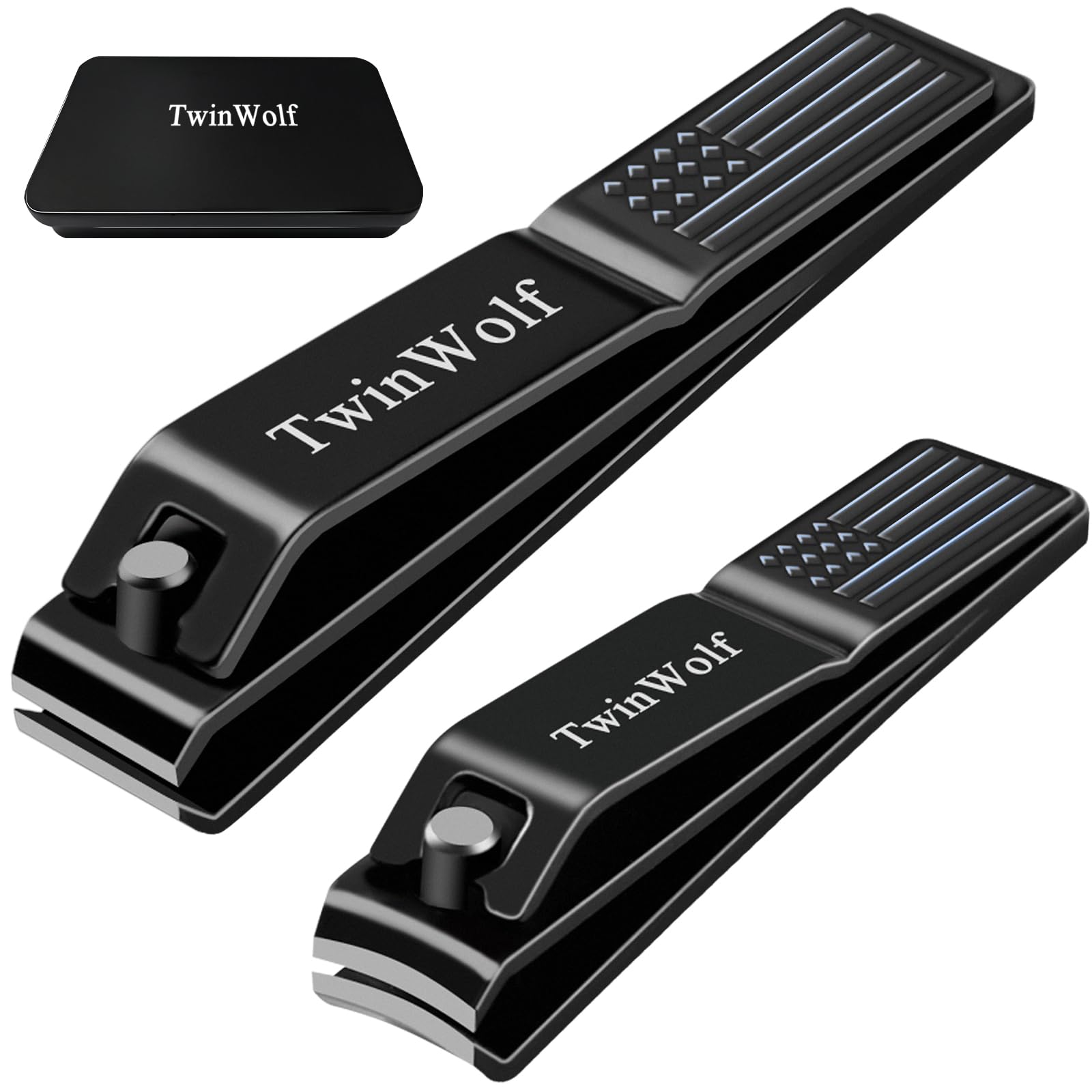Photo 1 of ***MISSING SMALL CLIPPER***TwinWolf Nail Clippers Set, Ultra Sharp Sturdy Fingernail and Toenail Clipper by American Flag Pattern Handle,Built-in Nail File Stainless Steel Nail Clipper Cutter for Men and Women,Black,2-Pack