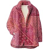 BAIREG Womens Boho Button Fuzzy Sherpa Fleece Jackets Lightweight Floral Stand Collar Faux Fur Coats Fluffy Flannel Outerwear