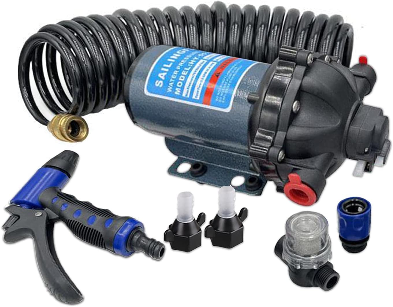 Washdown Kit Deck Wash Pump, 12V, 70 PSI, 22.5L/Min, 5.5 GPM 5 Chamber Water Pressure Diaphragm Pump with 1/2 Inch FNPT Ports RV Water Pump Kit for Caravan Boat Marine Yacht