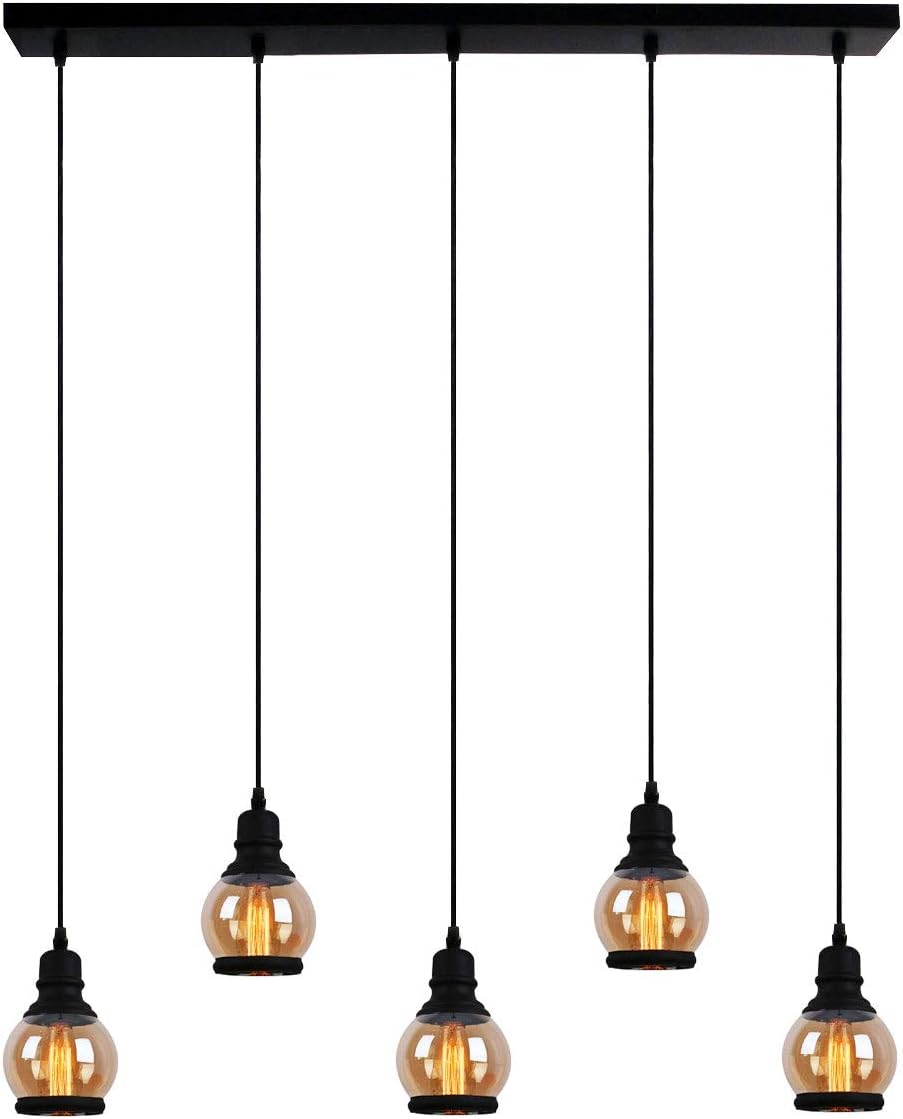 Unitary Brand Antique Black Metal and Tawny Glass Jar Shade Dining Room Multi Pendant Lighting with 5 E26 Bulb Sockets 300W Painted Finish