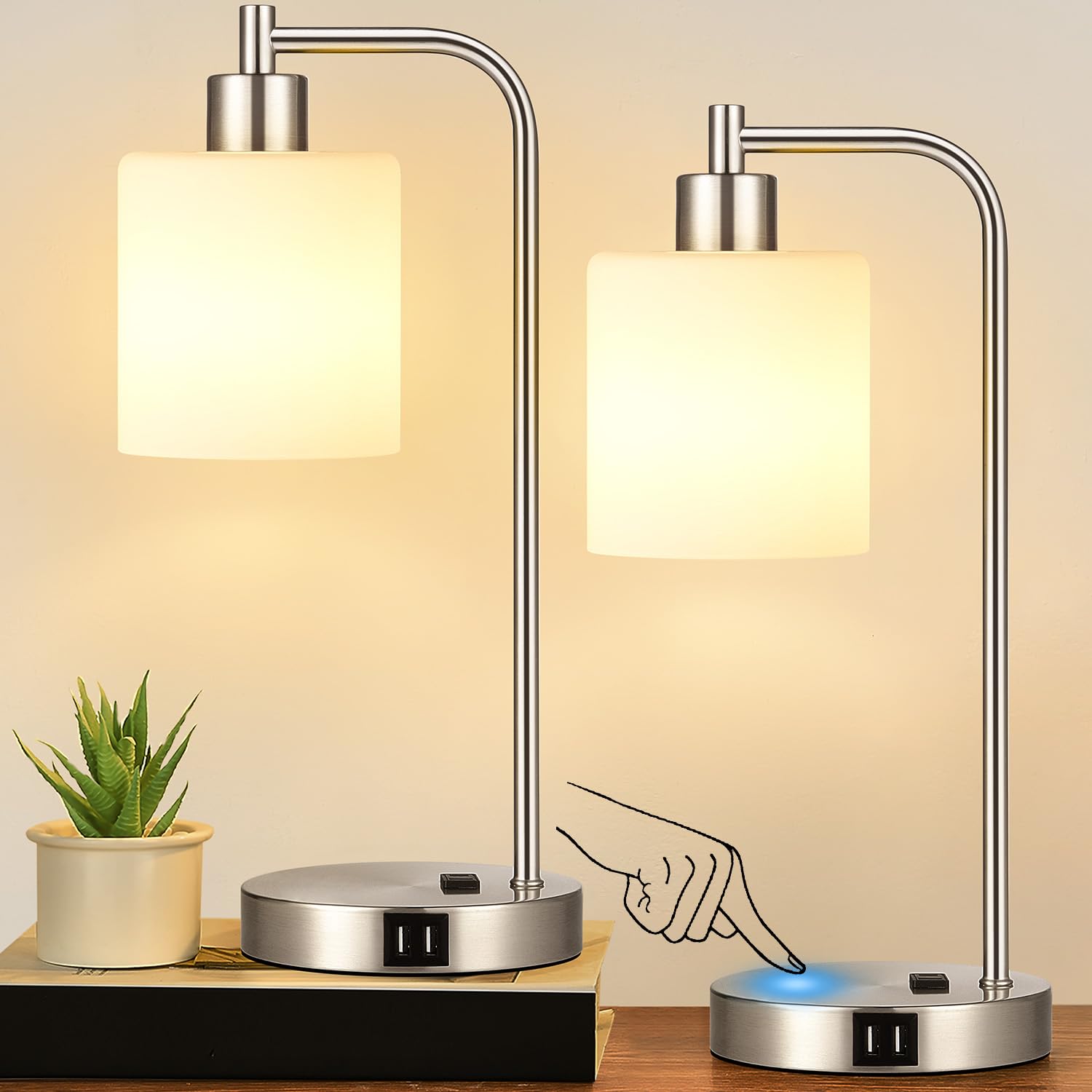 Photo 1 of **Broken bulb-----SELLING FOR PARTS---**Set of 2 Industrial Touch Control Table Lamps with 2 USB Ports and AC Outlet - 3-Way Dimmable Nickel Bedside Lamp Nightstand Desk Lamps for Bedroom Living Room, Opal Glass Shade & 2 LED Bulbs Included