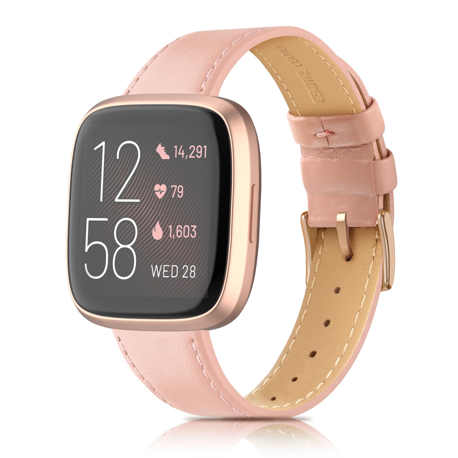 Tuocal Genuine Leather Strap Compatible with Fitbit Versa, Classic Soft Breathable Replacement for Women & Men
