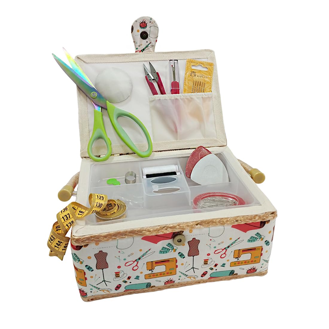 JYC CREATIVE Medium Wooden Sewing Box with Accessories, Fabric-Lined Sewing Box with 8 Compartments, Organizer with Pin Cushion, Box with Handle, Tray for Accessories,