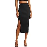 v28 Women Side Split Midi High Waisted Stretchy Ribbed Bodycon Casual Knit Pencil Skirt