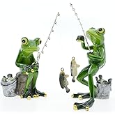 Queemie® Funny Fishing Frogs Statues, 2pcs Mascot Animals Ornaments Anglers Lovers Collectible Figurines Sculptures for Outdoor Lawn Yard Garden Home Office Desk Decoration