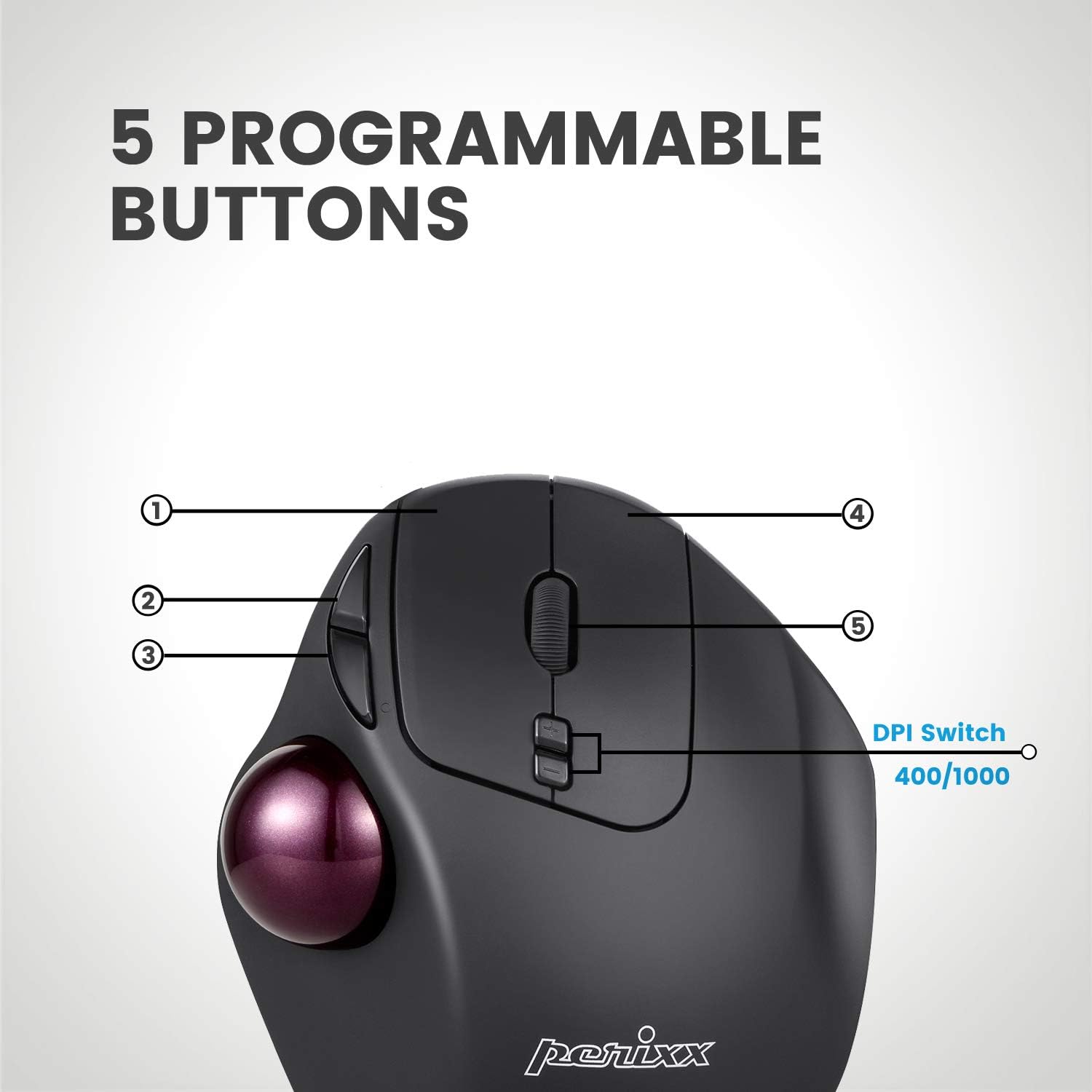 perixx PERIMICE-717 Wireless Trackball Mouse, Build-in 1.34 Inch Trackball with Pointing Feature, 5 Programmable Buttons - Image 5