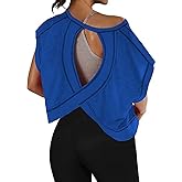 Anoumcy Cotton Open Back Workout Top for Women Casual Athletic Gym Yoga Workout Crop Shirts Running Activewear Tops