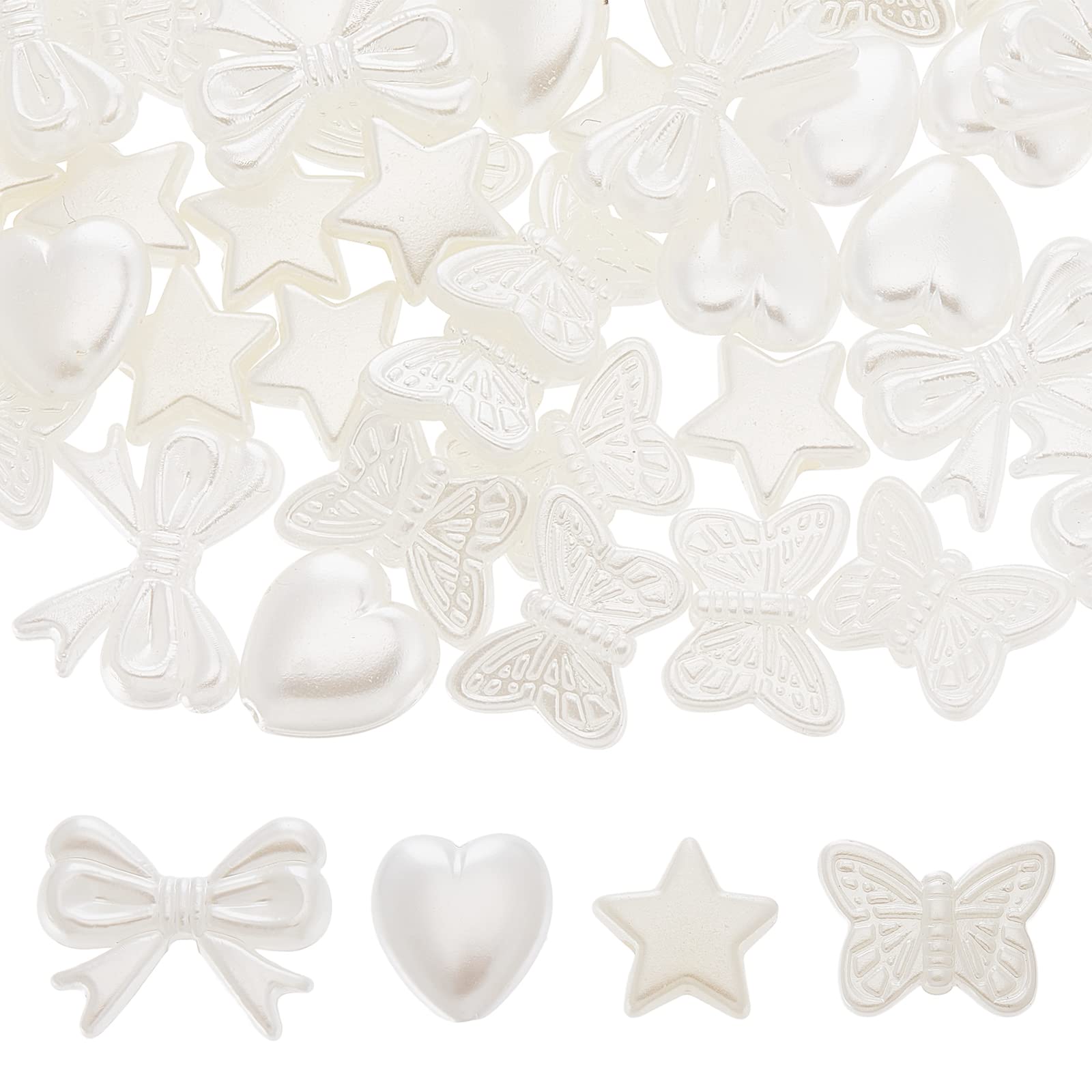 SUNNYCLUE 1 Box 236Pcs 4 Style Bowknot Beads Imitation Pearl Beads Aesthetic Bead Butterfly Heart Star White Plastic Loose Spacer for Jewellery Making Women DIY Bracelet Necklace Charms Craft
