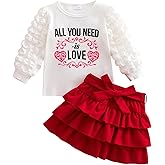 Kayotuas Toddler Girl Valentines Outfit Love Heart Sweatshirt Long Sleeve Shirt and Red Skirts Set Cute Winter Spring Clothes