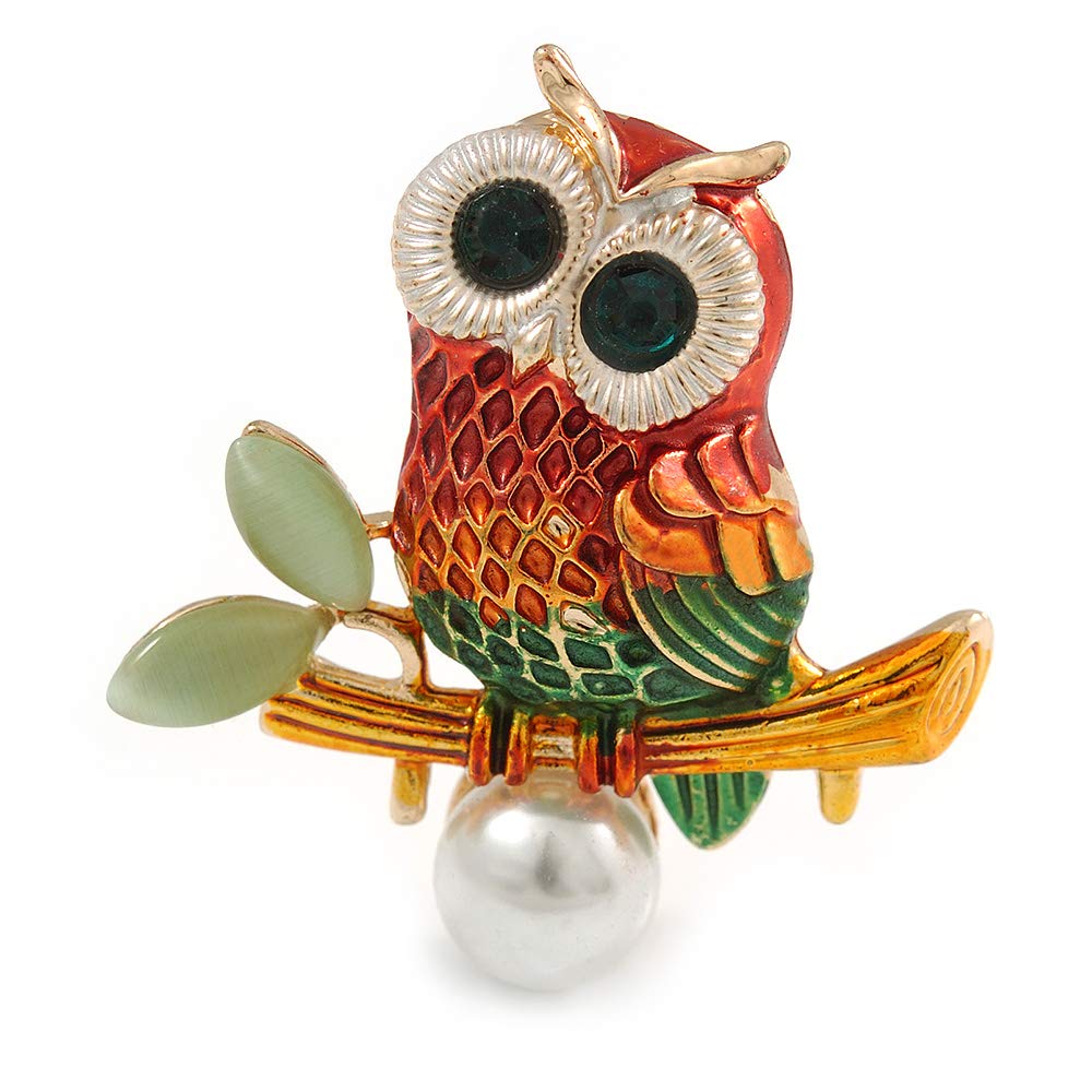Multicoloured Owl Brooch In Gold Tone - 40mm Tall