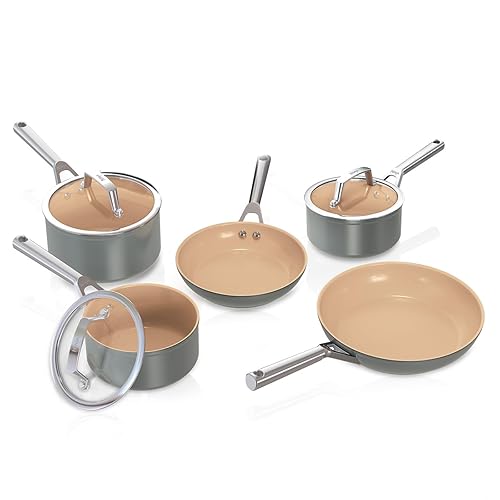 Ninja Extended Life 5-Piece Ceramic Cookware Set (20 & 24cm Frying Pans + 16, 18 & 20cm Saucepans & Lids), Non-Stick (No PFAs, PFOAs, Lead or Cadmium), Oven Safe 285°C, Terracotta/Grey, CW95000EUUKDB