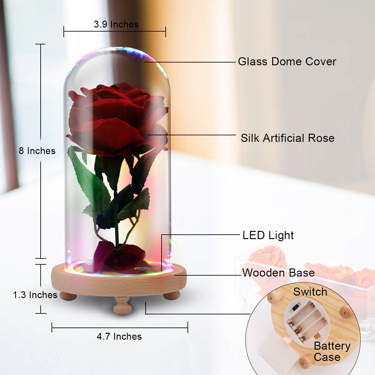 jiabang Red Velvet Rose Colorful Night Light in Glass Dome - Romantic Gift for Her | Movie Theme Party Wedding Decoration