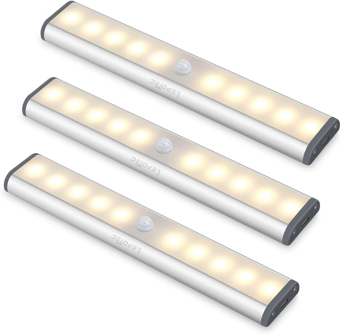 Wireless Motion Sensor Cabinet Lights 10-LED USB Rechargeable Closet Lights LED Under Cabinet Lighting for Wardrobe/Drawer/Stairs/Cupboard/Counter/Pantry/Stairs,Stick On Anywhere,Warm White-3 Pack
