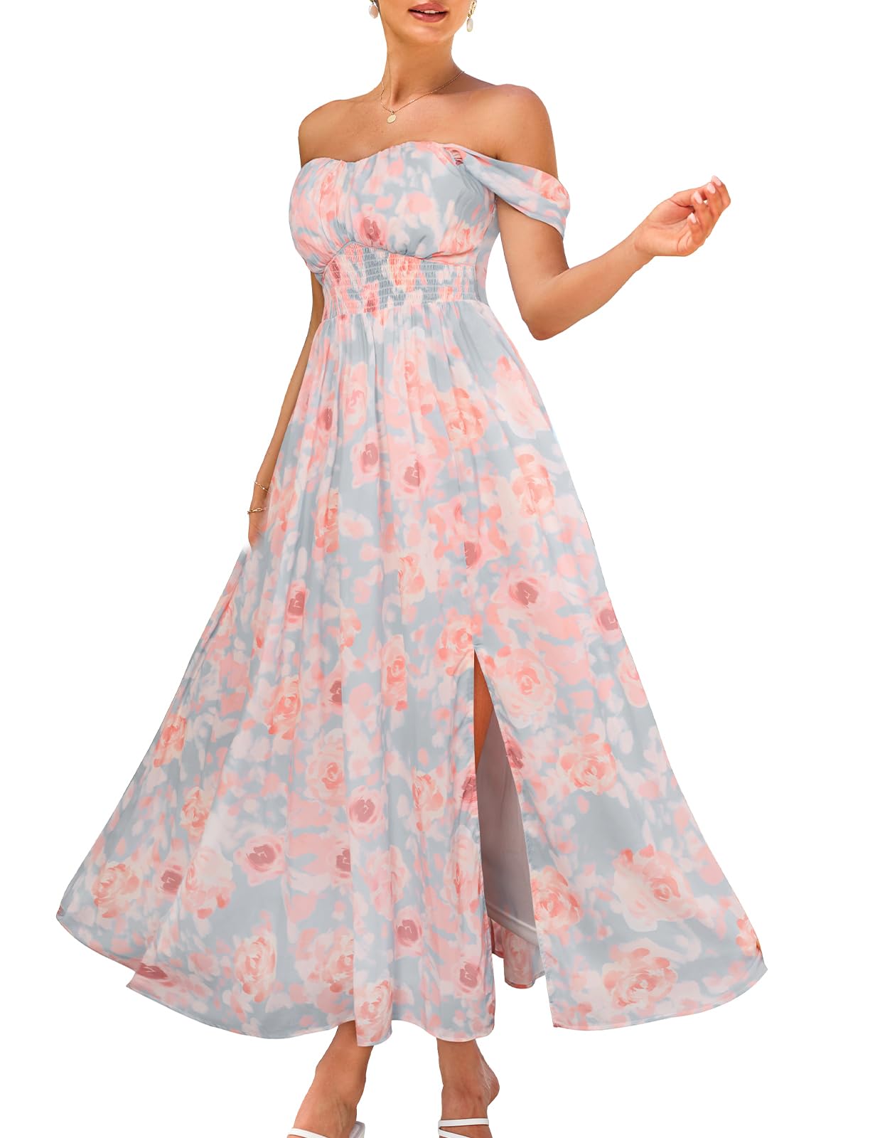 Photo 1 of 2025 Women's Summer Sleeveless Off Shoulder Floral Flowy A Line Maxi Dresses Light Blue Pink L