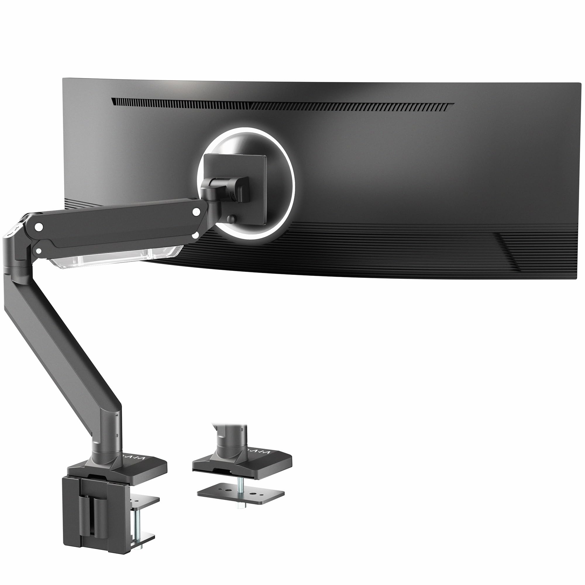 VIVO Brazo de monitor de aluminio premium para pantallas ultra anchas de hasta 49 pulgadas y 33 libras, soporte de escritorio individual resistente, altura neumática, Max VESA 100x100, negro, STAND-V101G1