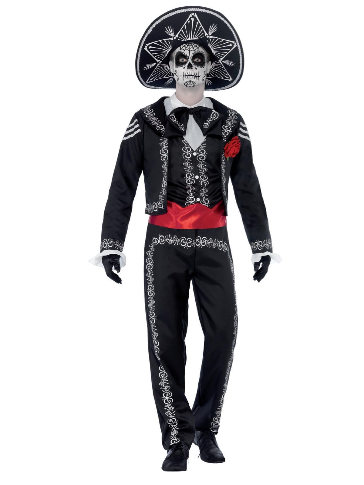 Smiffys Adult men's Day of the Dead Seaor Bones Costume, Jacket, trousers, Mock Shirt and Hat, Day of the Dead, Halloween, 43738, Black, S - UK Size 08-10