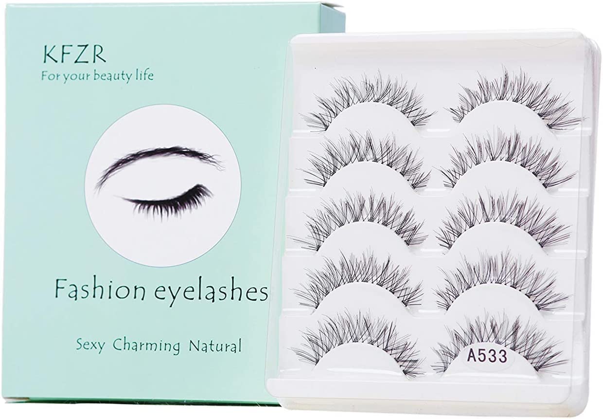 KFZR 5 Pairs Natural Look False Eyelashes Handmade Soft 3D Cross Fashion Fake Eyelashes Black Long Thick Wispies Eye Lashes Extension For Makeup