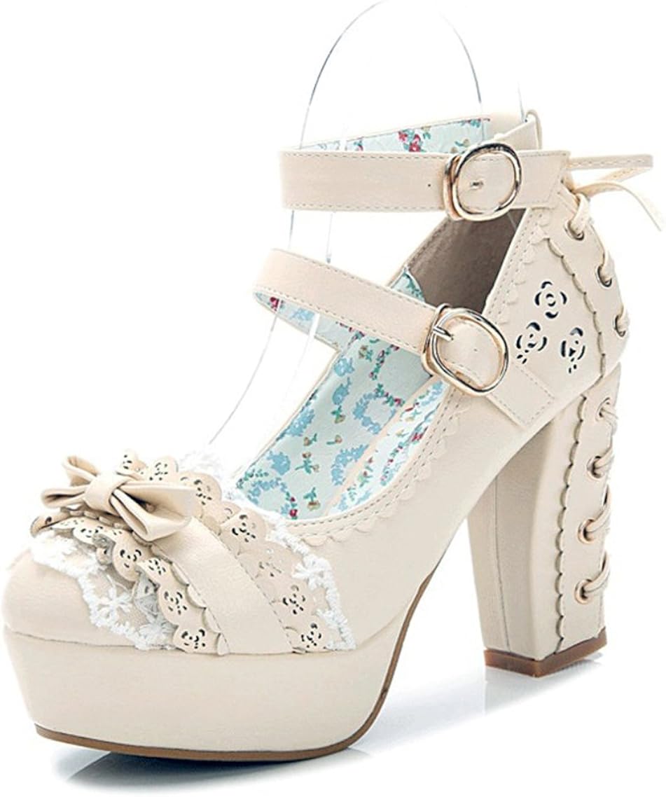 Amazon Com Nuoqi Sweet Lolita Cosplay Round Toe High Chunky Heel Lace School Girl Shoes Shoes