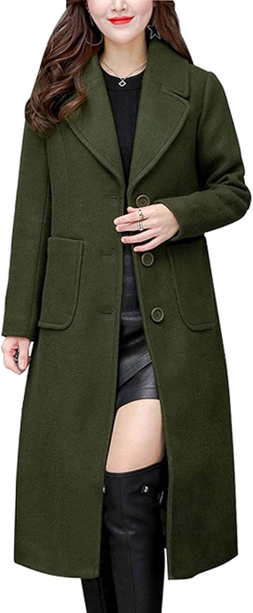 Omoone Women's Slim Notch Lapel Single Breasted MidLong Wool Blend Pea