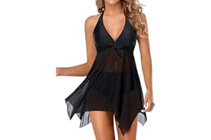 Holipick Women Two Piece Swim Dress Swimsuit Halter Bathing Suit Dress Mesh Tankini Top with Tummy Control Shorts