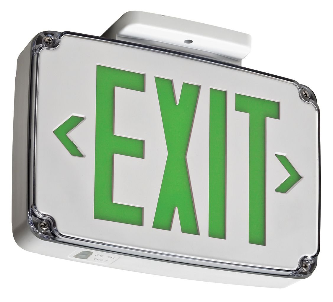 Wet Location Exit Sign, Grn, 2Side, W Bat. Commercial Lighted Exit