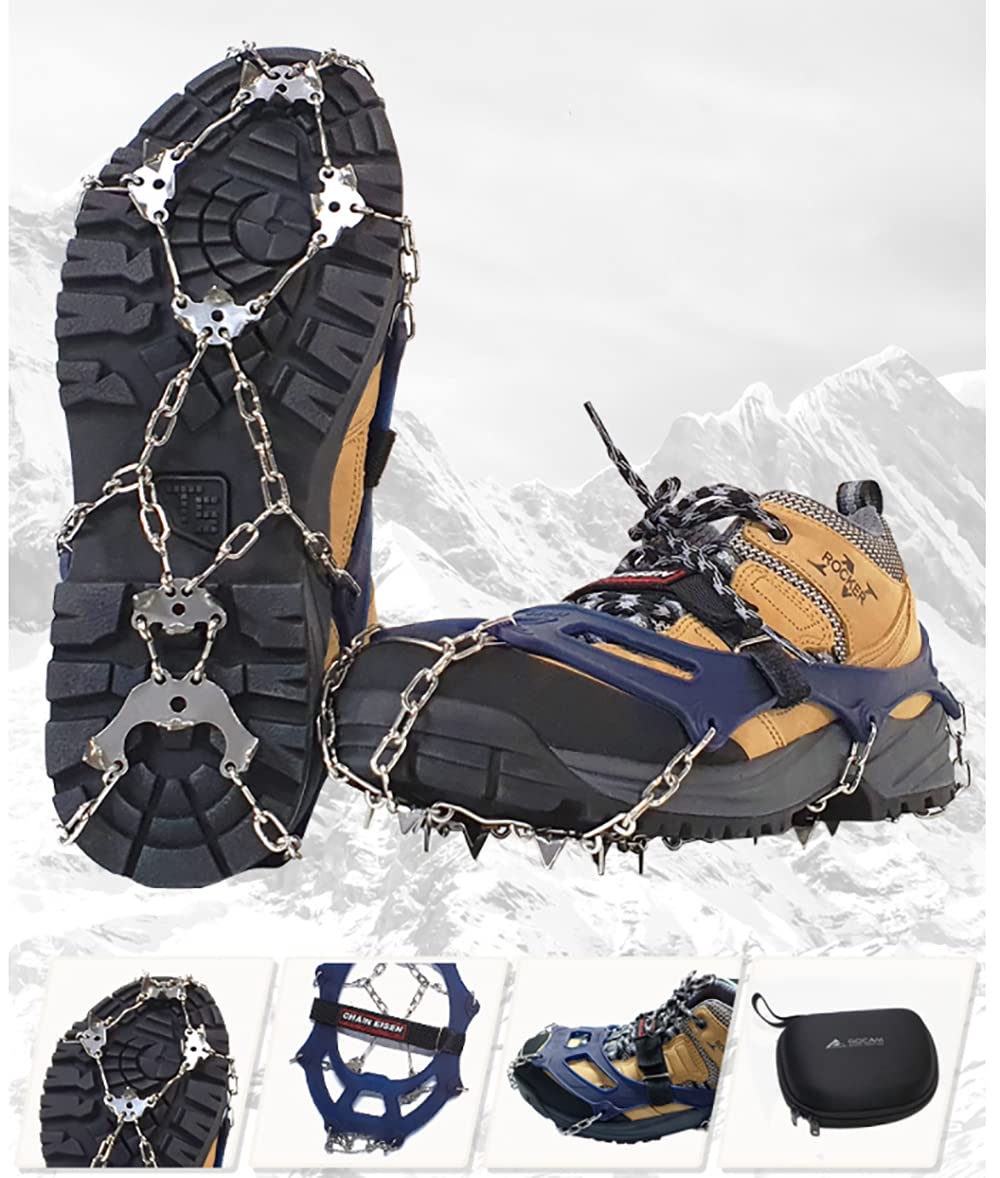 Vulcan2 Stain Crampons with Case, Winter Hiking Walking Snow Boots Stainless Ice Traction Cleats for Shoes Women Men, Safe Grips for Fishing, Climbing Spikes, Black Ice Jogging (Large(Navy))