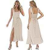 MllesReve Women Midi Dresses Square Neck Side Slit Ruffle Smock Dresses Elegant Formal Evening Wedding Guest Dresses