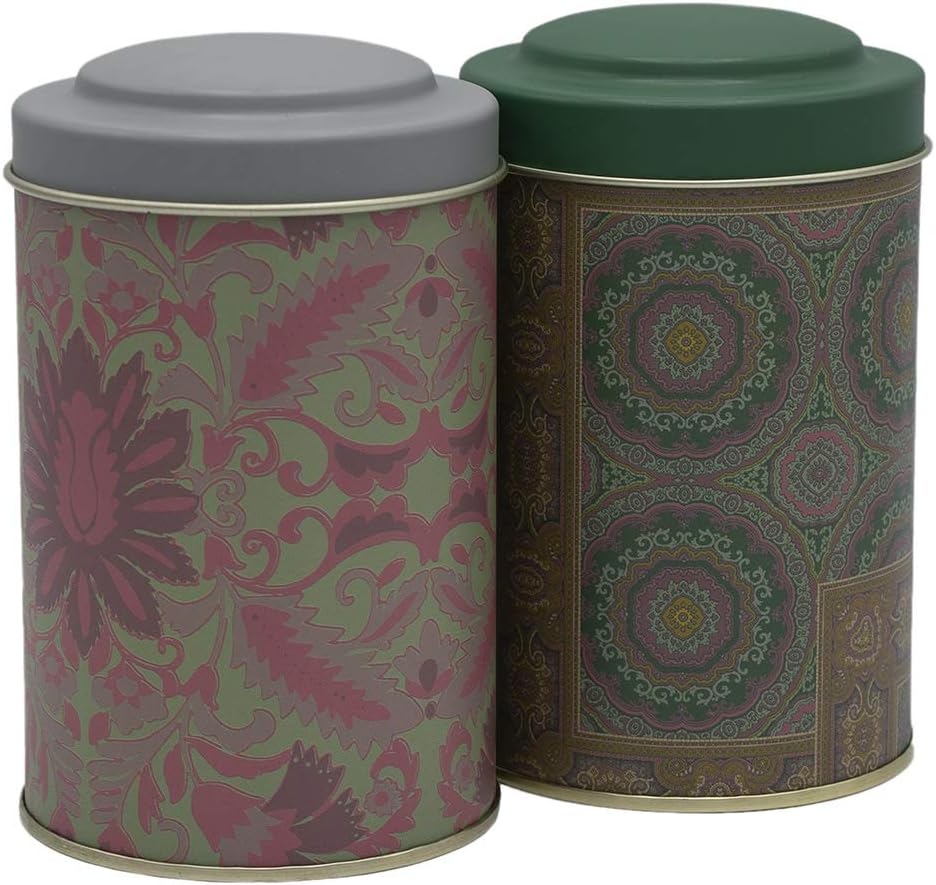 Eclectic Floral Loose Tea Leaf Tins Double Cover Tea Canister Set of 2. Airtight Lid, Metal, Tin