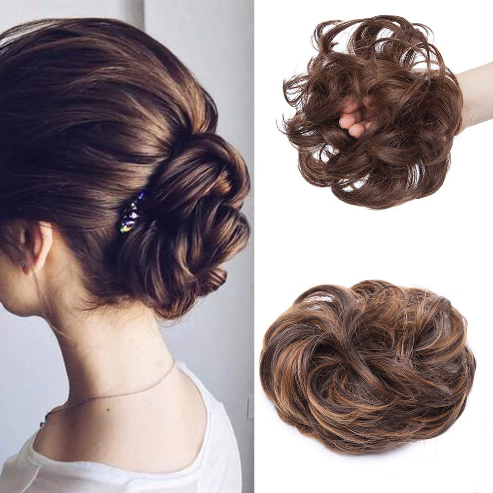Silk-co Messy Hair Scrunchies for Women Scrunchy Scrunchie Bun Up Do Hair Piece Hair Ribbon Ponytail Extensions Wavy [Dark Brown & Maroon]
