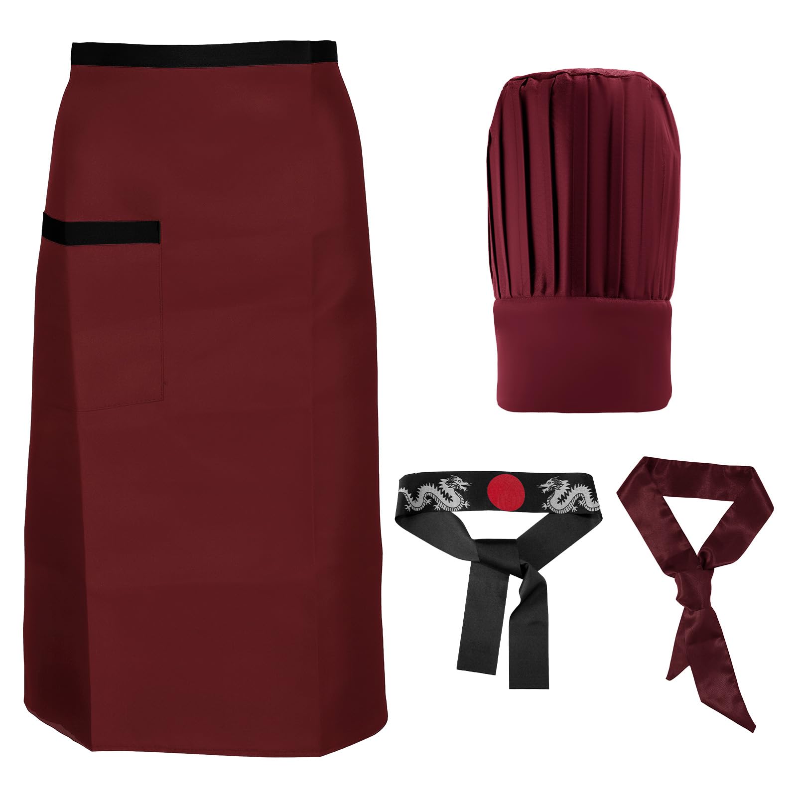 Mikovivi Hibachi Chef Costume Set, Stylish Hibachi Chef Hat Apron Headband and Tie Set Funny Halloween Party Decorations Sushi Outfit Suitable for Women Men (Red)