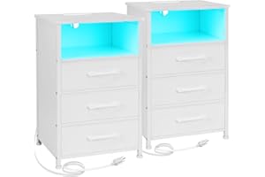 LOAKEKEL White Night Stand Set 2, LED Nightstand with Charging Station, End Tables with 3 Fabric Drawers, Bedside Table with USB Type C Port and Outlets for Bedroom, HNS033WT