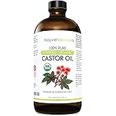 RejuveNaturals Castor Oil (16oz Glass Bottle) USDA Certified Organic, 100% Pure, Cold Pressed, Hexane Free. Boost Hair Growth