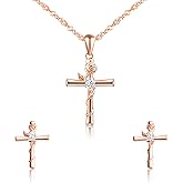 Yumilok Zircon Rose Cross Necklace And Earring Sets for Women Sterling Silver Cross Pendant Stud Earrings Jewelry Set Small Dainty Flower Necklace for Teen Friend Mom Her Birthday Aniversario Gift