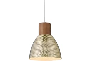 ELYONA Vintage Hammered Pendant Light Fixture, 7” Brushed Brass Metal Hanging Light Solid Wood Antique Gold Pendant Lamp for Kitchen Island, Farmhouse, Dining Room, Small, Adjustable Height